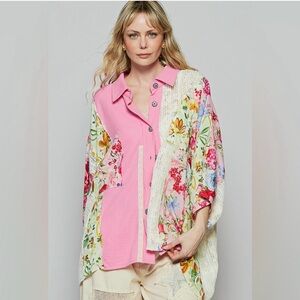 POL Floral Patchwork Pink Button-Down Shirt